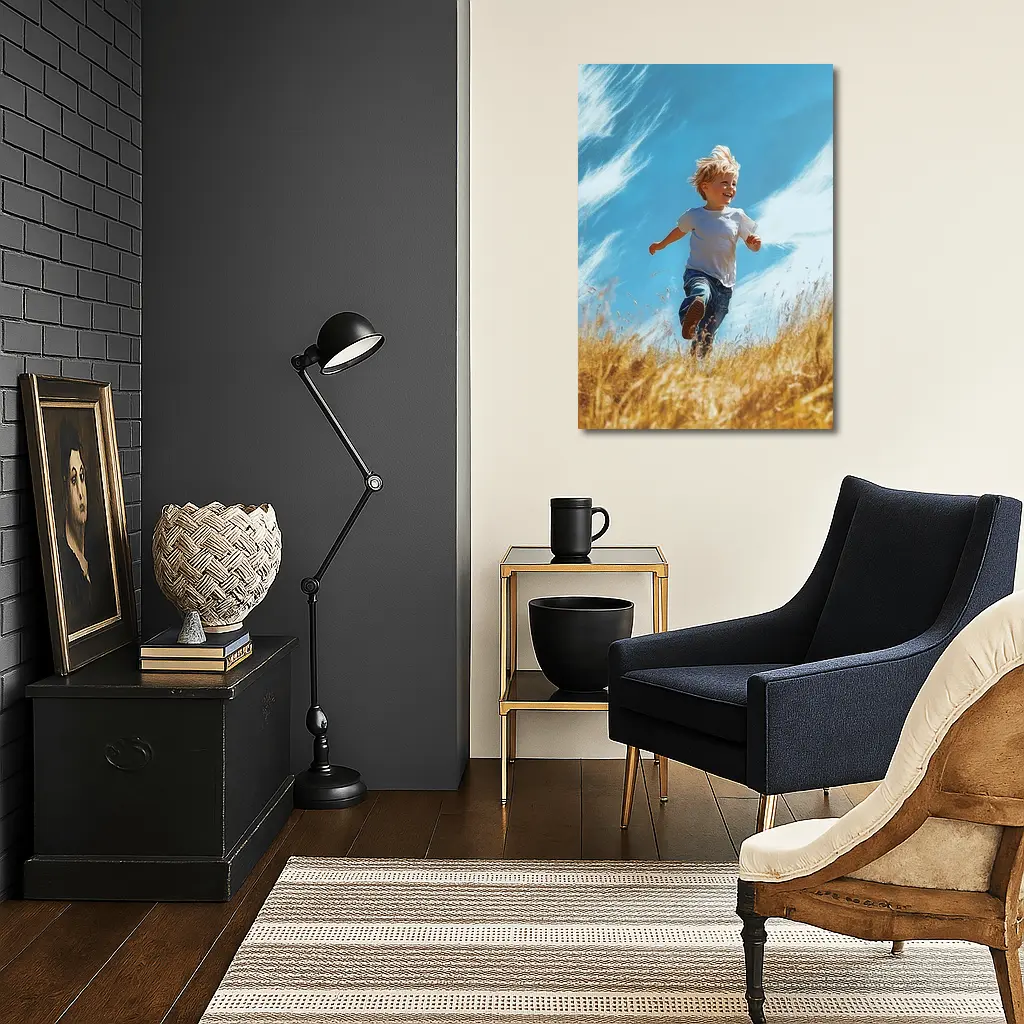 Happy Boy Running Through Golden Field – Wall Art