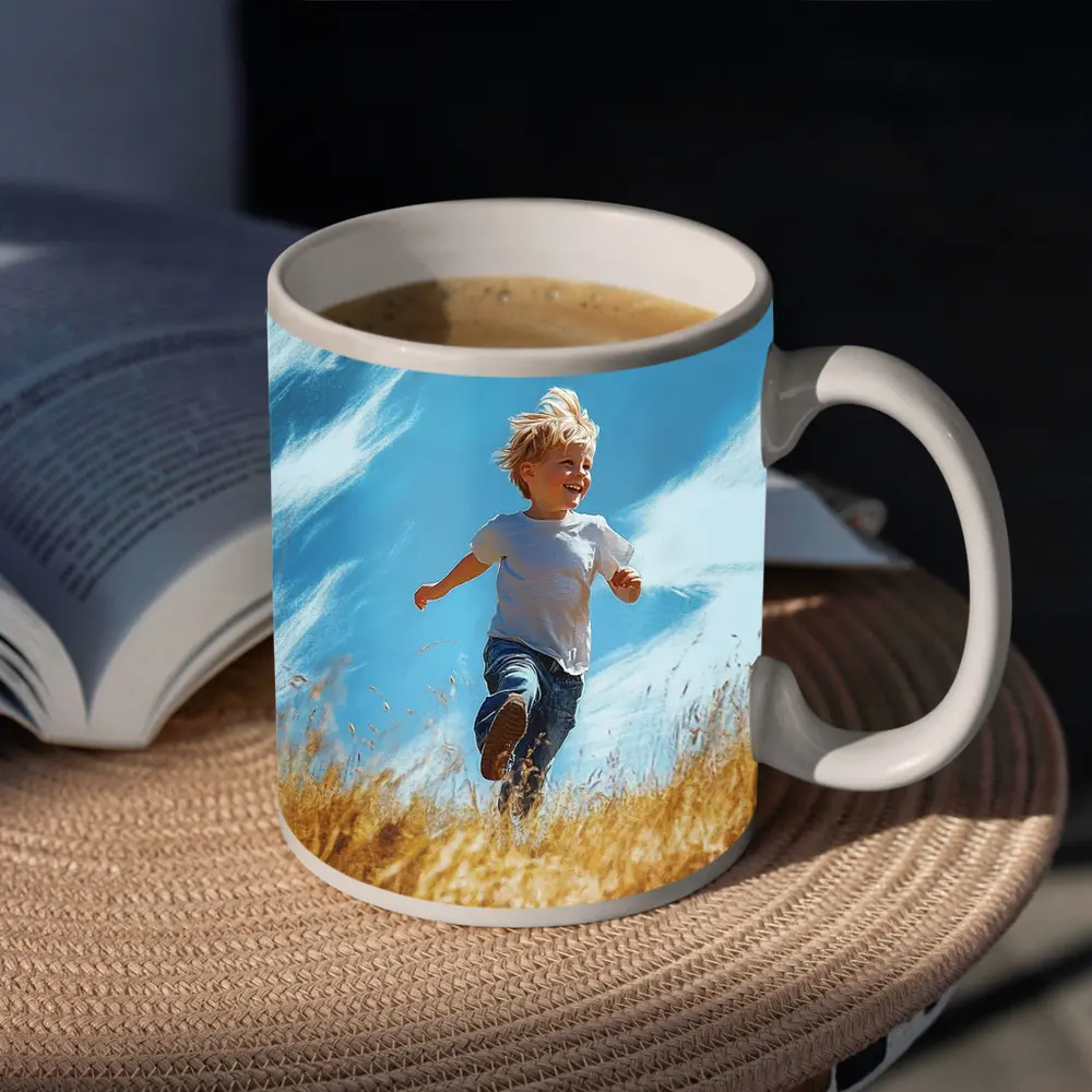 Happy Boy Running Through Golden Field – Mugs