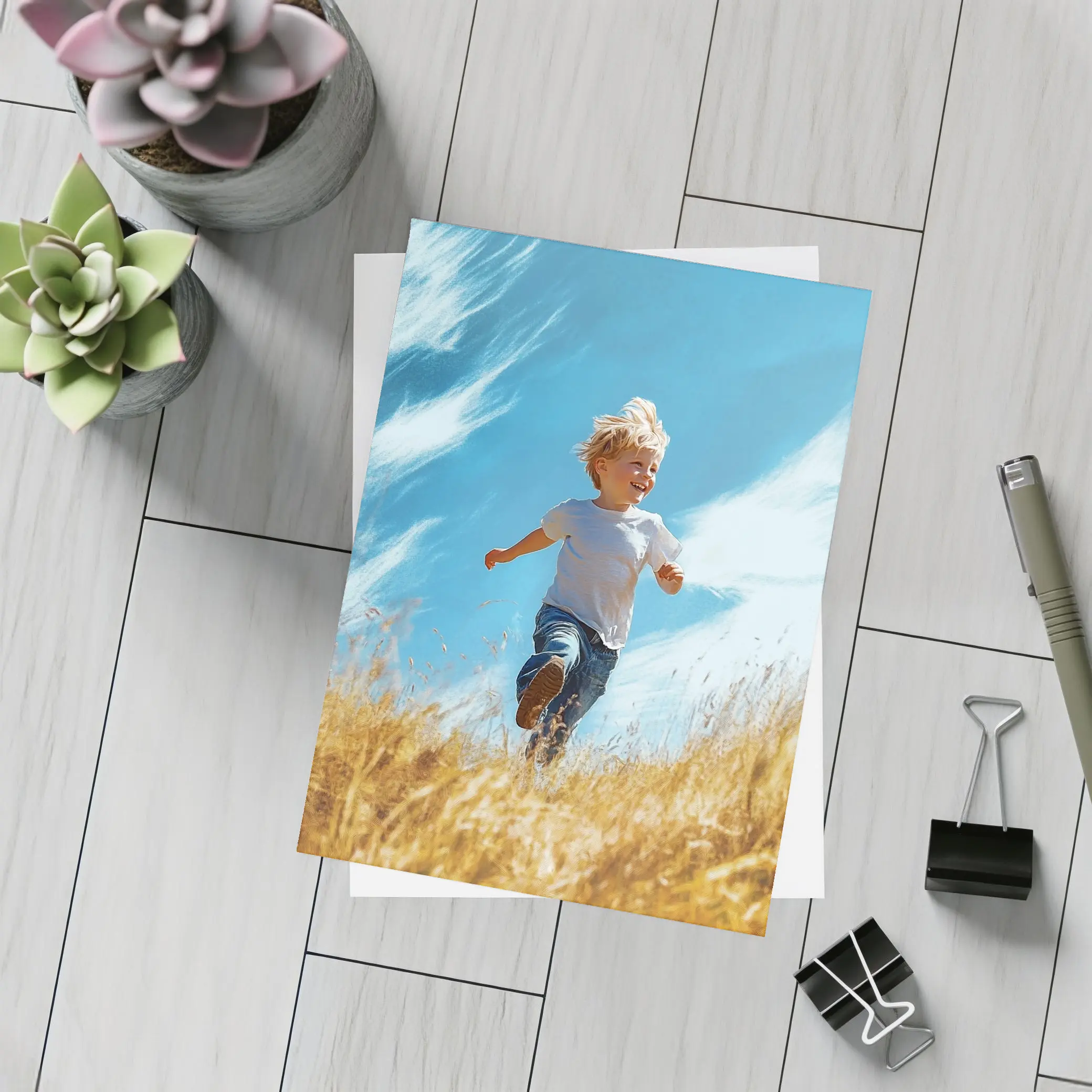 Happy Boy Running Through Golden Field – Postcards
