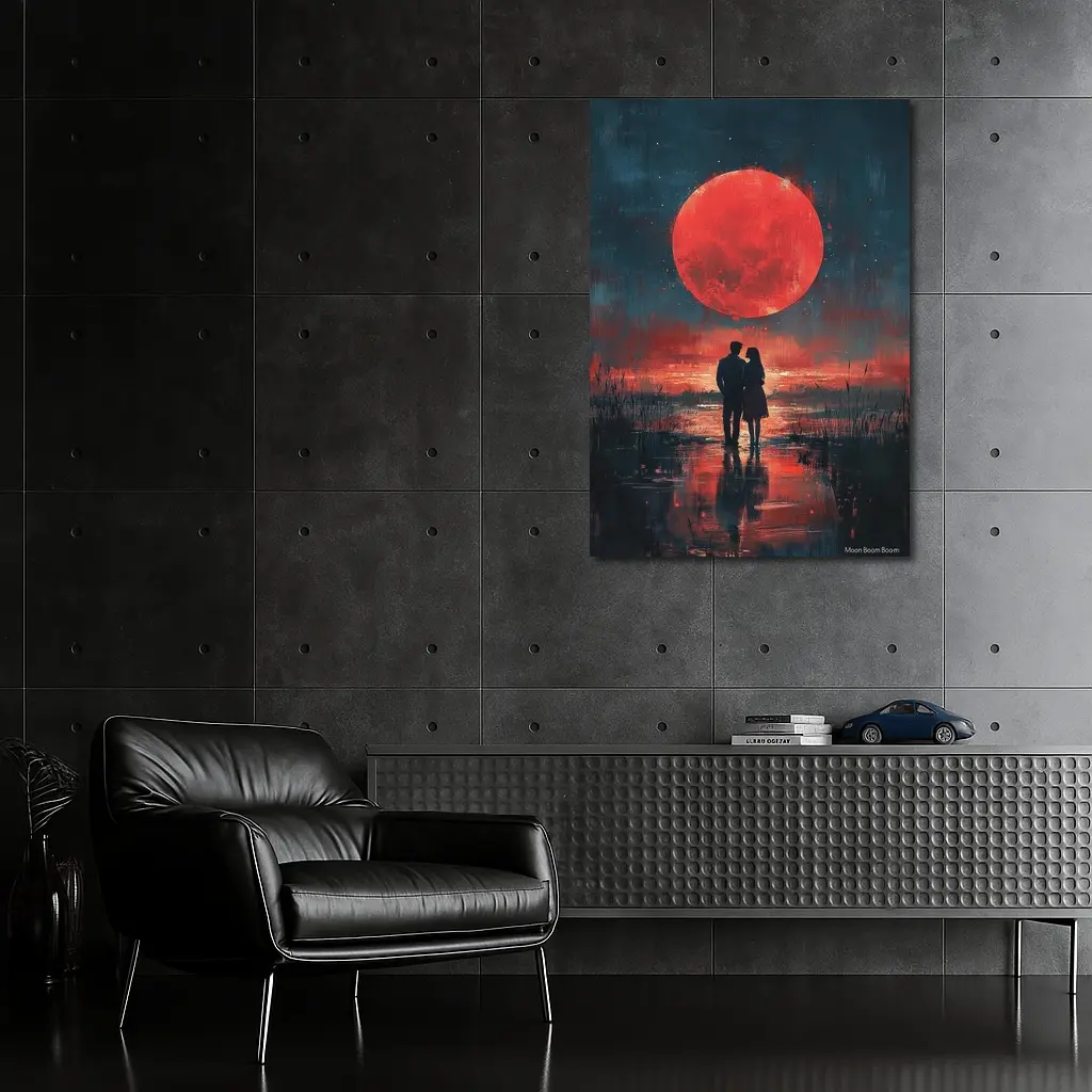 Couple Silhouette Red Moon Night Painting – Wall Art
