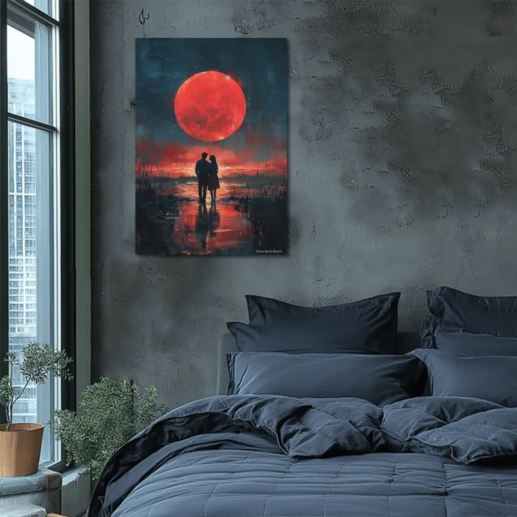 Couple Silhouette Red Moon Night Painting – Wall Art