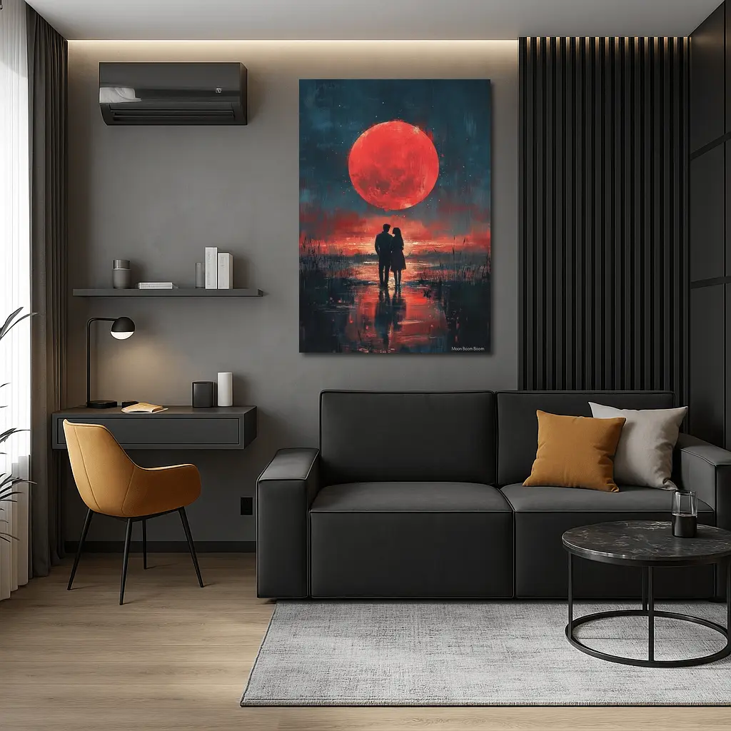 Couple Silhouette Red Moon Night Painting – Wall Art