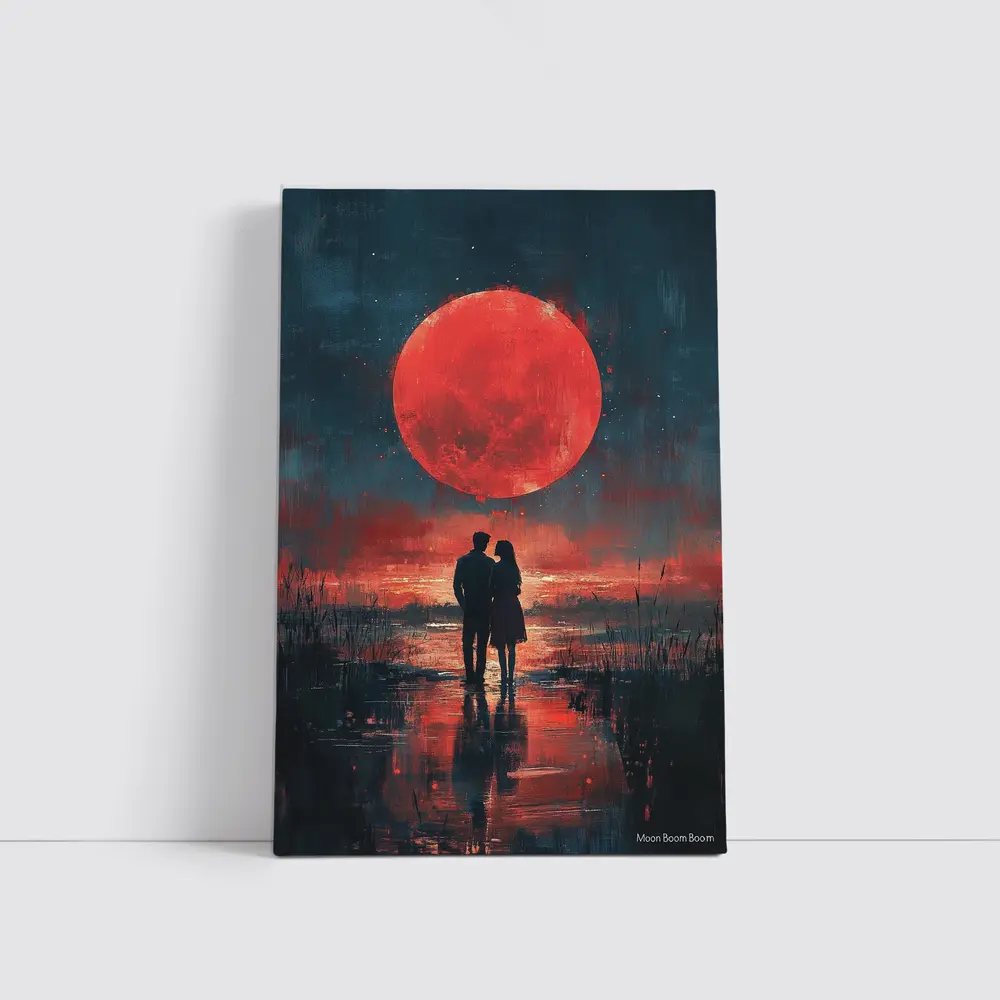 Couple Silhouette Red Moon Night Painting – Wall Art