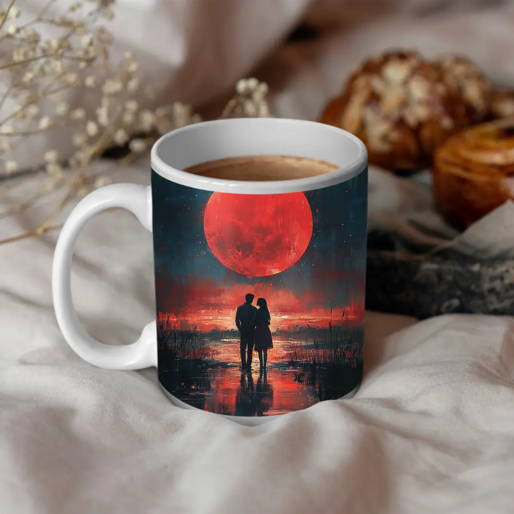 Couple Silhouette Red Moon Night Painting – Mugs