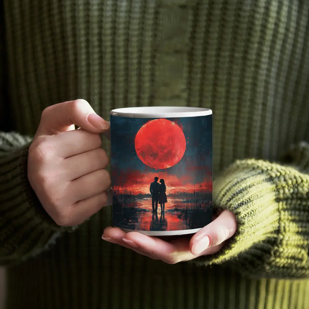 Couple Silhouette Red Moon Night Painting – Mugs