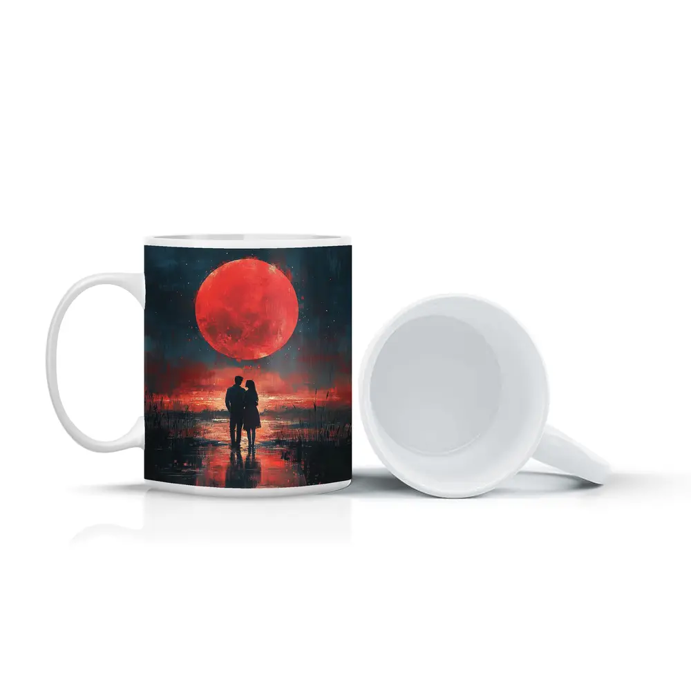Couple Silhouette Red Moon Night Painting – Mugs