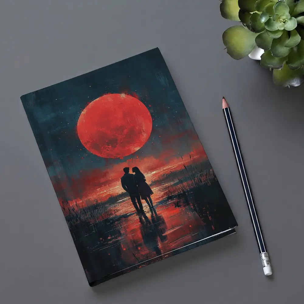 Couple Silhouette Red Moon Night Painting – Notebooks