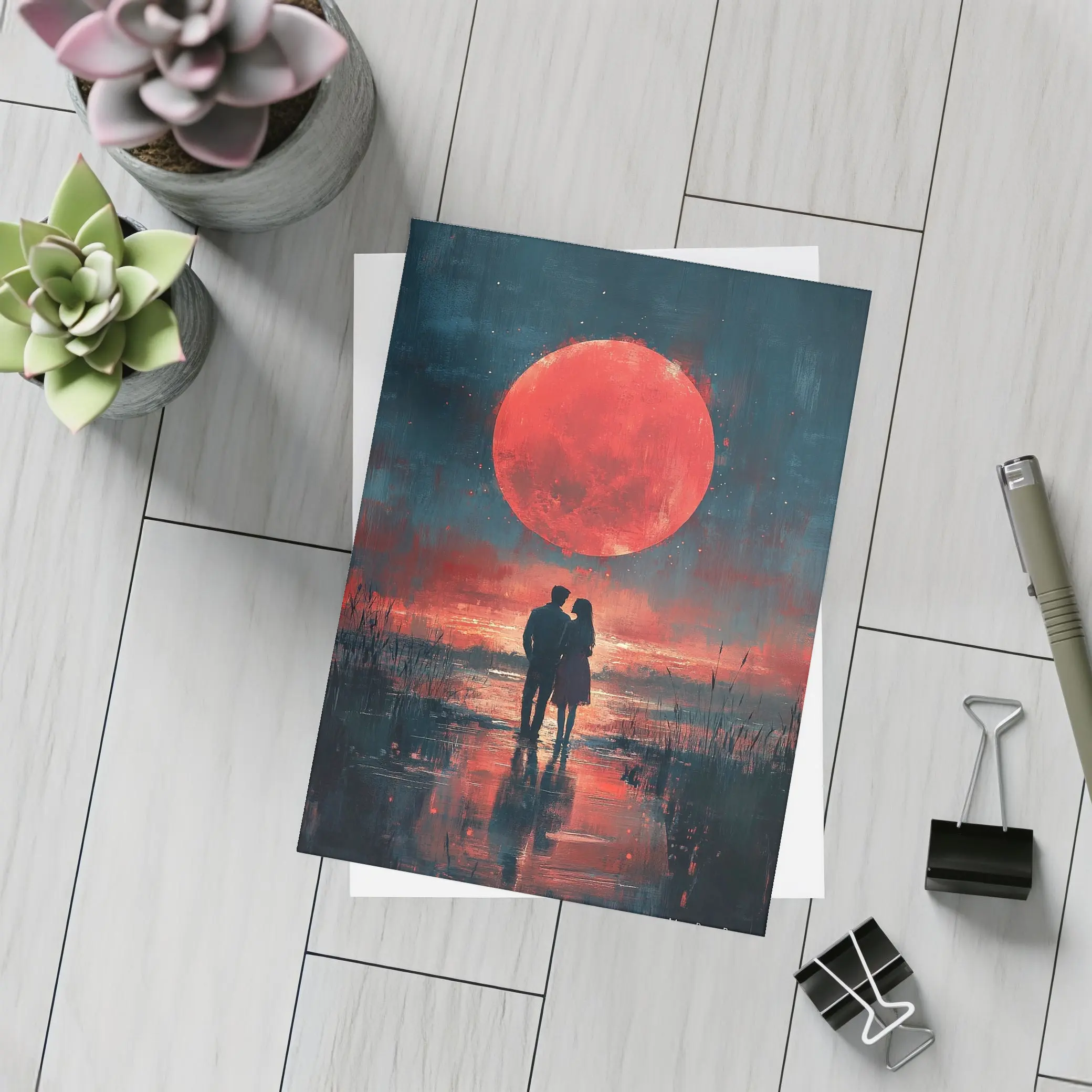 Couple Silhouette Red Moon Night Painting – Postcards