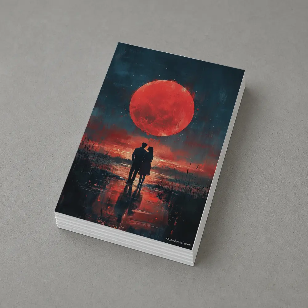 Couple Silhouette Red Moon Night Painting – Postcards