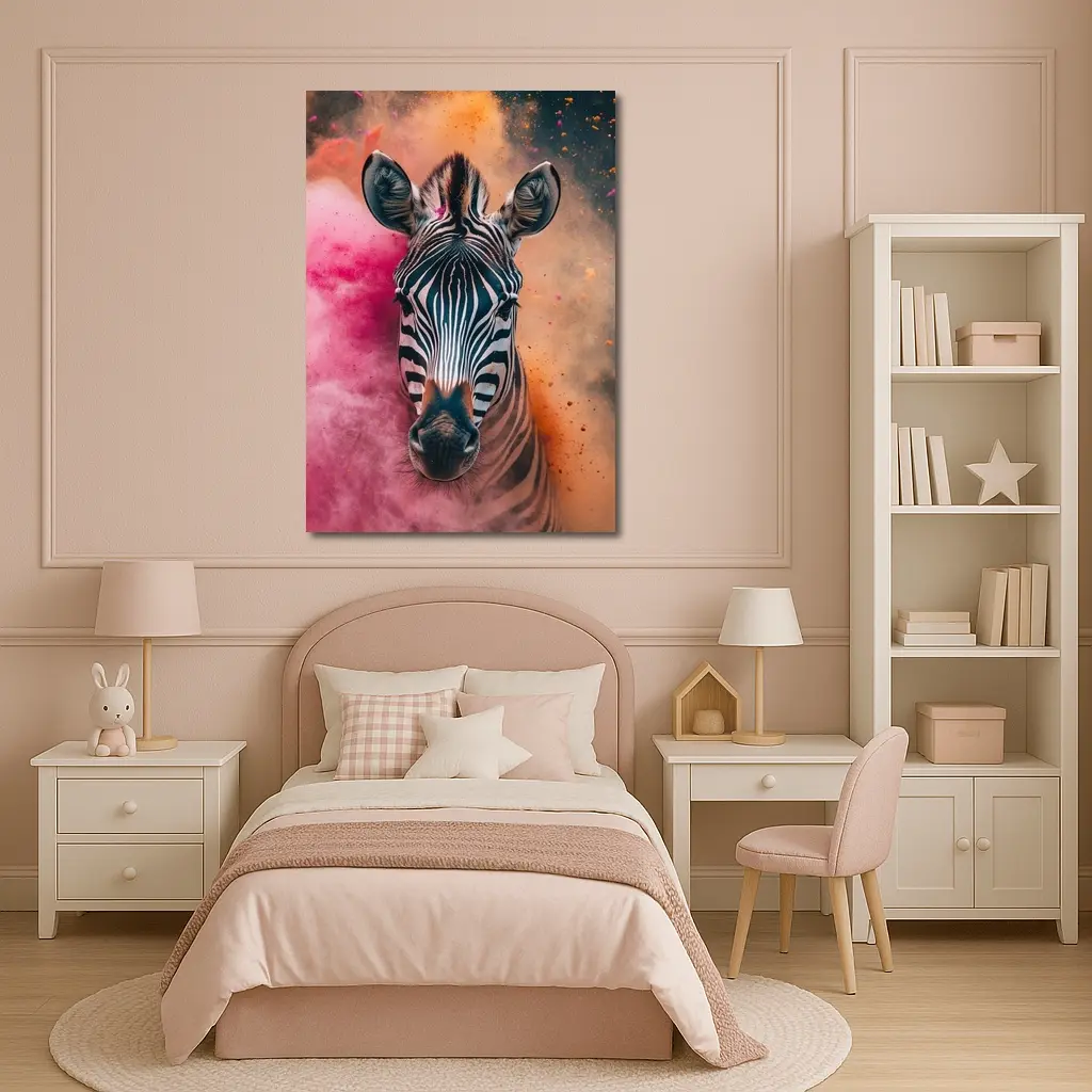 Zebra Portrait Colorful Pink Orange Powder Explosion – Wall Art