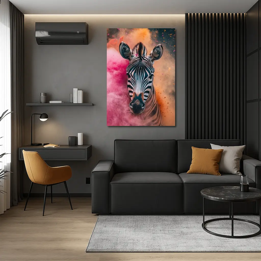 Zebra Portrait Colorful Pink Orange Powder Explosion – Wall Art