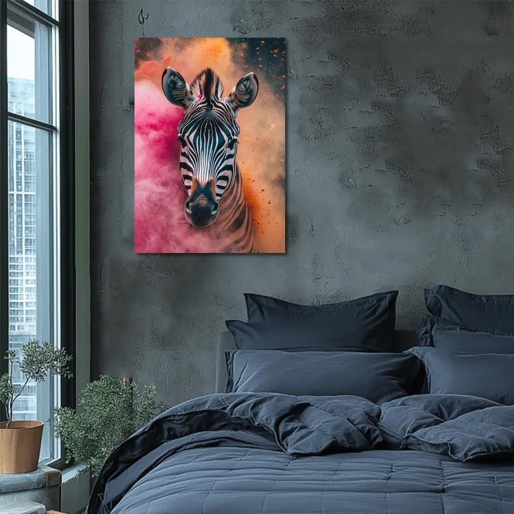 Zebra Portrait Colorful Pink Orange Powder Explosion – Wall Art