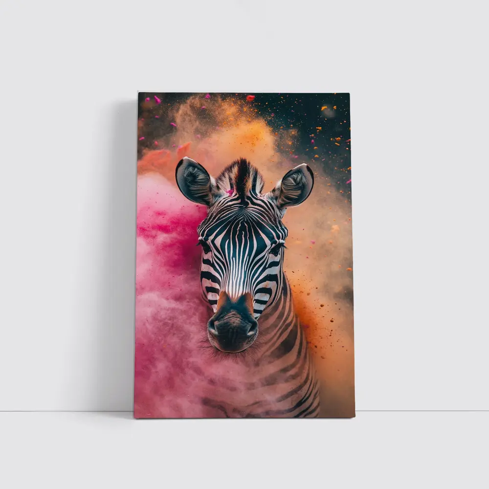 Zebra Portrait Colorful Pink Orange Powder Explosion – Wall Art