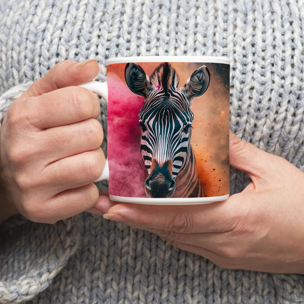 Zebra Portrait Colorful Pink Orange Powder Explosion – Mugs