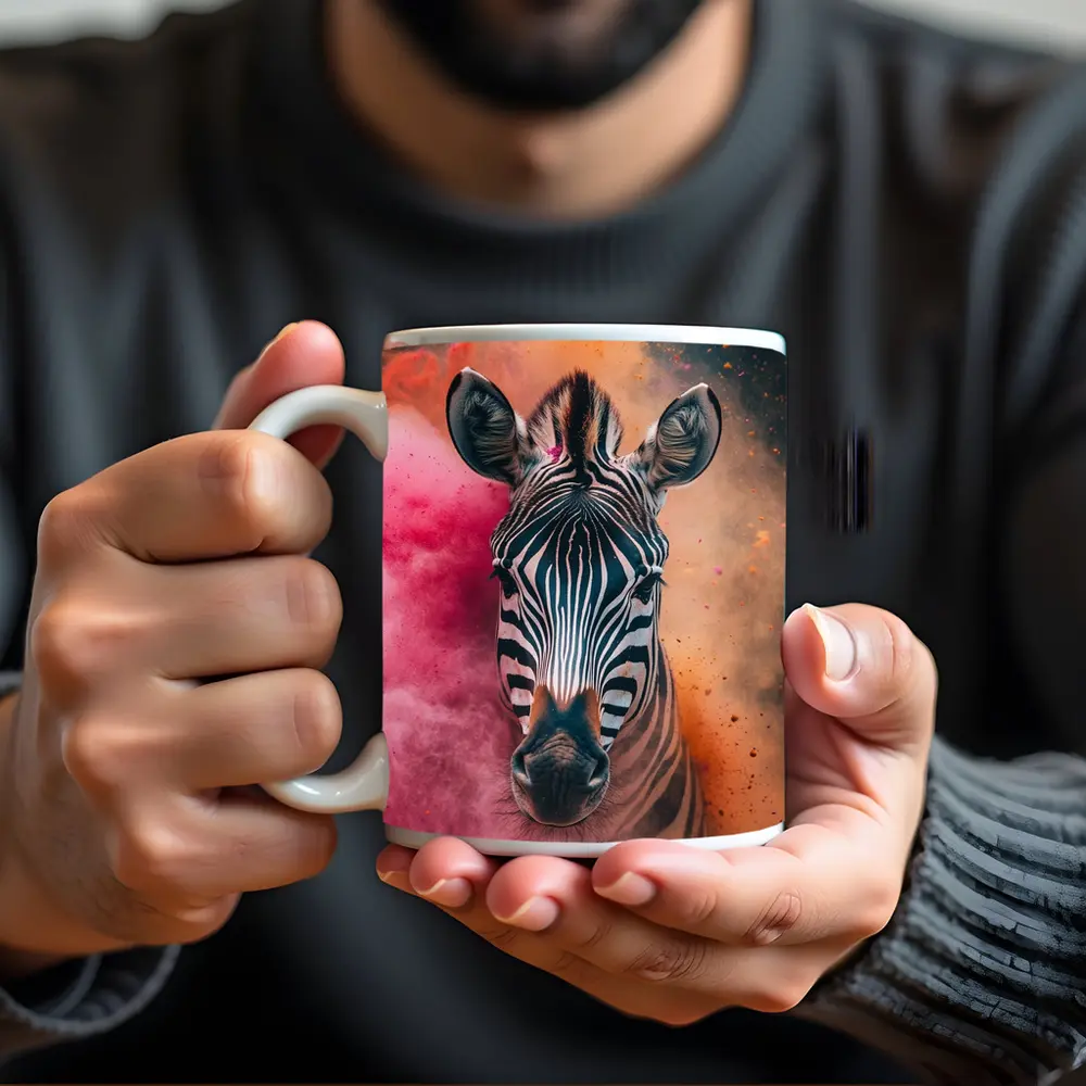 Zebra Portrait Colorful Pink Orange Powder Explosion – Mugs