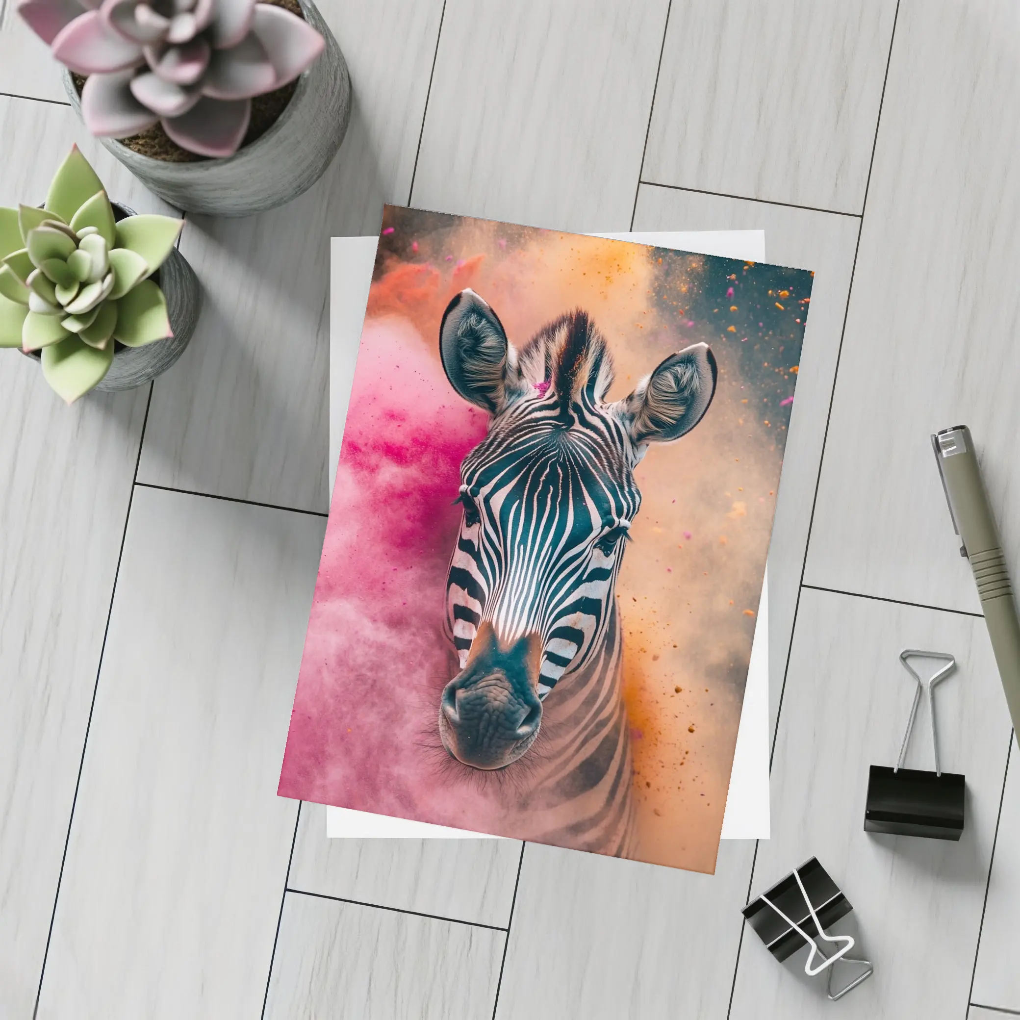 Zebra Portrait Colorful Pink Orange Powder Explosion – Postcards