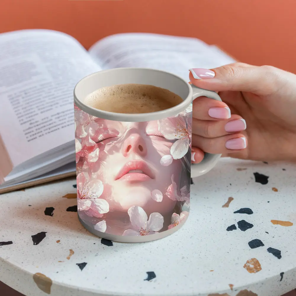 Woman Face Surrounded By Cherry Blossoms – Mugs