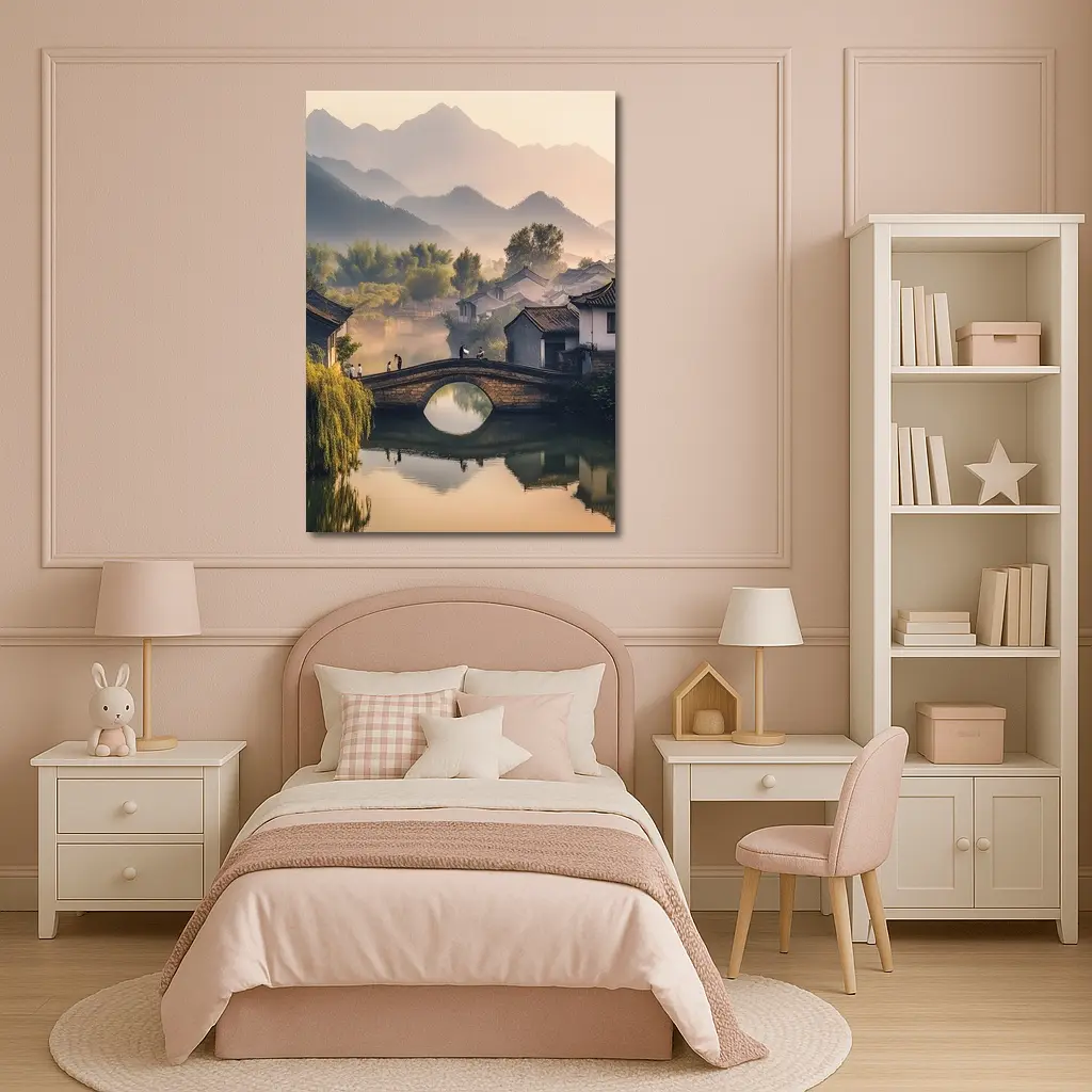 Chinese Village Stone Bridge Misty Mountains – Wall Art