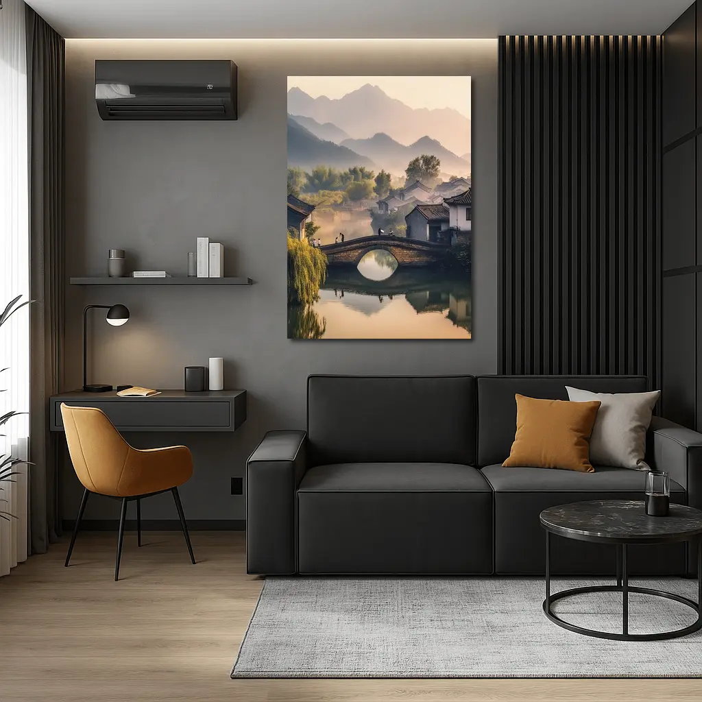 Chinese Village Stone Bridge Misty Mountains – Wall Art
