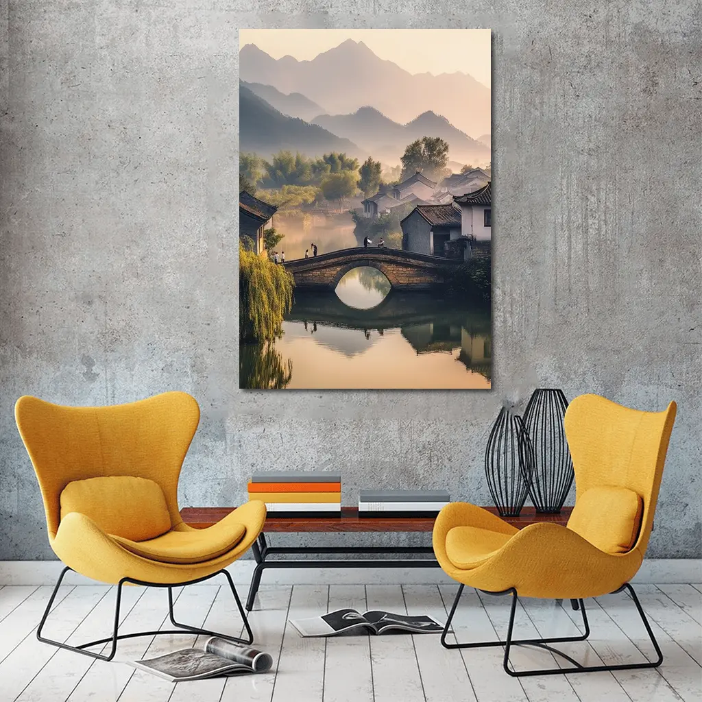 Chinese Village Stone Bridge Misty Mountains – Wall Art