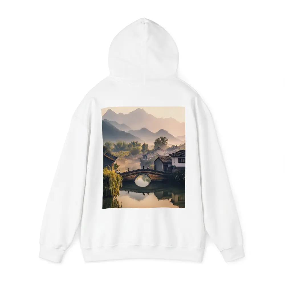 Chinese Village Stone Bridge Misty Mountains – Hoodies