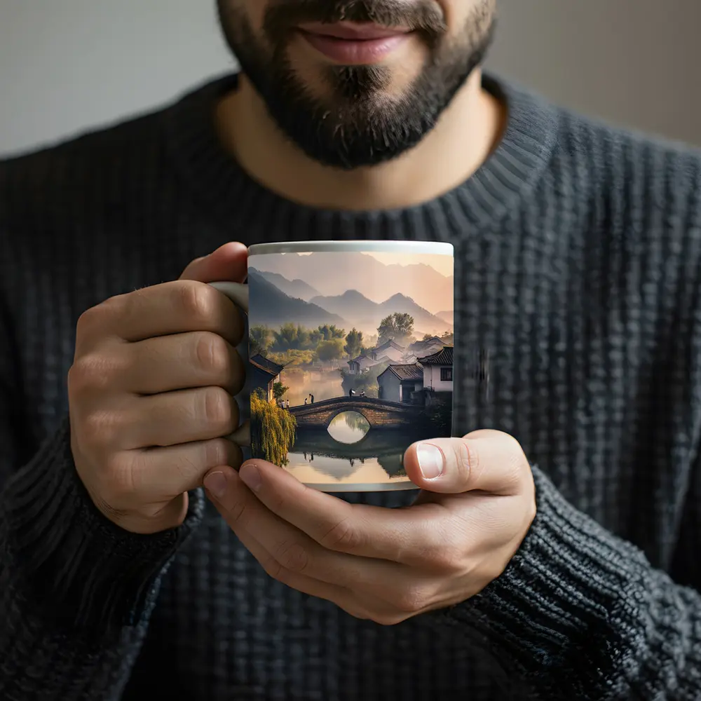 Chinese Village Stone Bridge Misty Mountains – Mugs