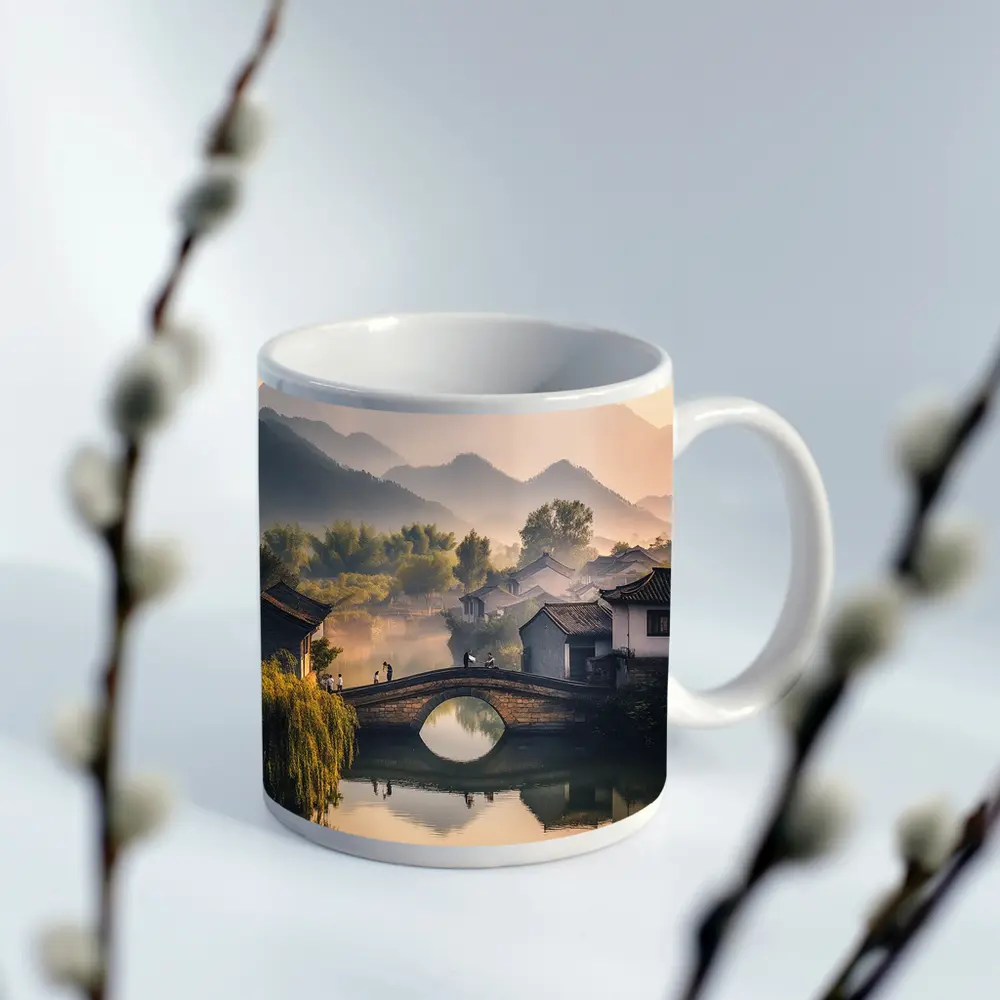 Chinese Village Stone Bridge Misty Mountains – Mugs