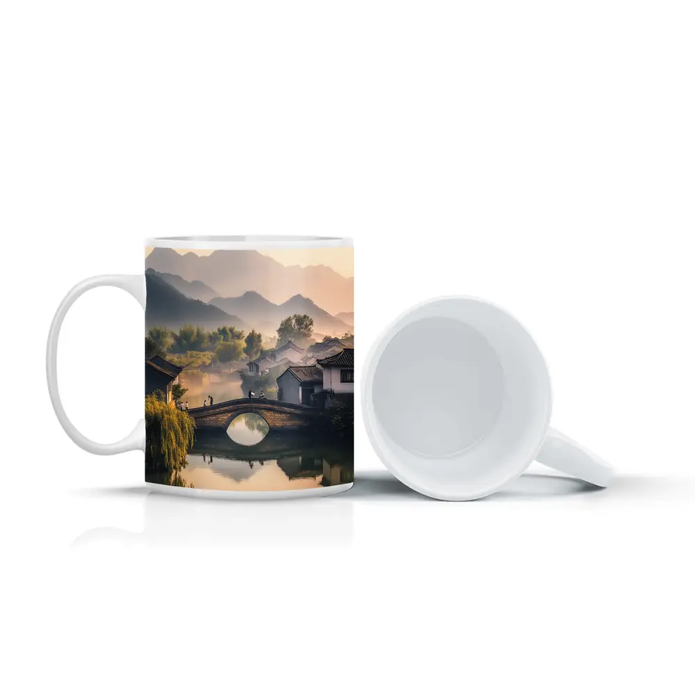 Chinese Village Stone Bridge Misty Mountains – Mugs
