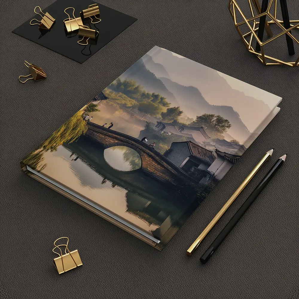 Chinese Village Stone Bridge Misty Mountains – Notebooks