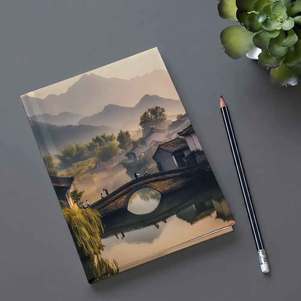 Chinese Village Stone Bridge Misty Mountains – Notebooks