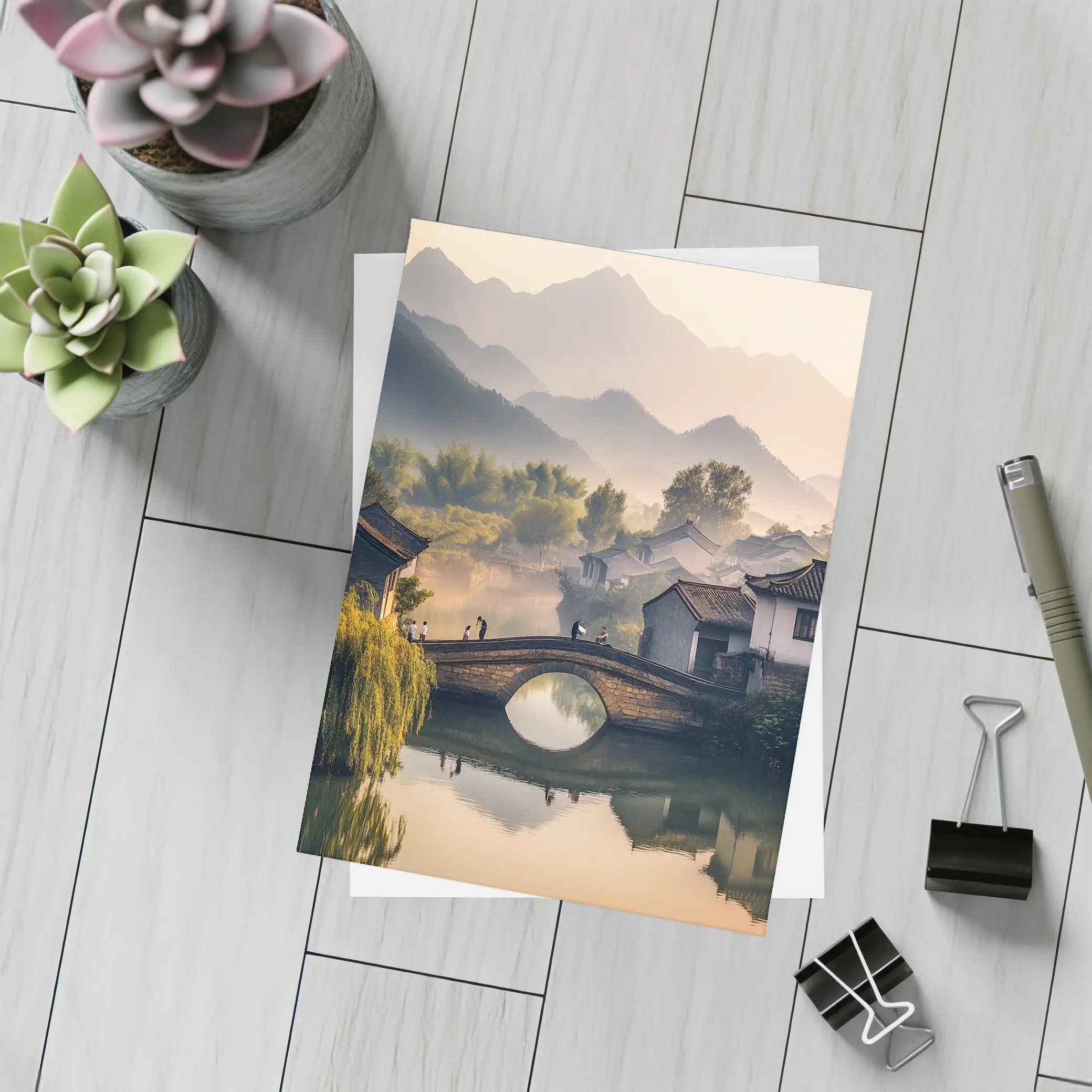Chinese Village Stone Bridge Misty Mountains – Postcards