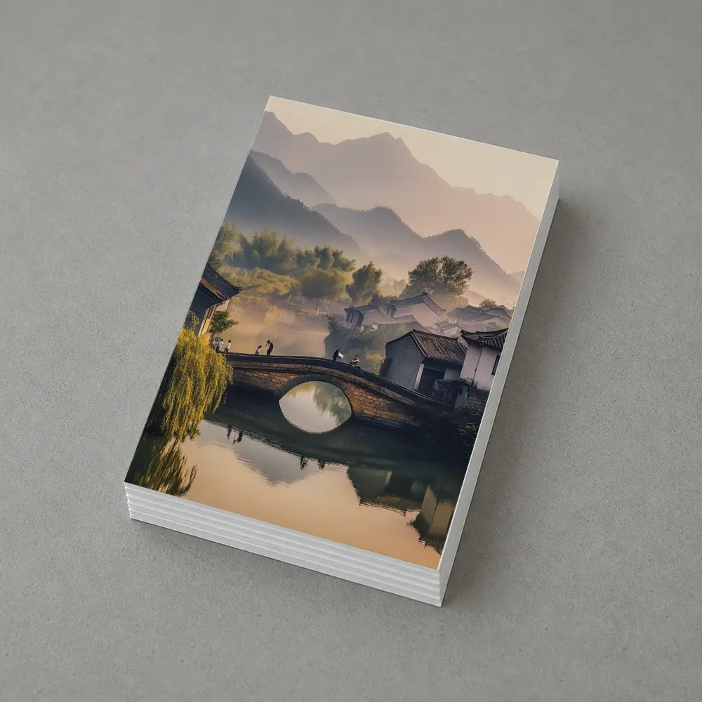 Chinese Village Stone Bridge Misty Mountains – Postcards