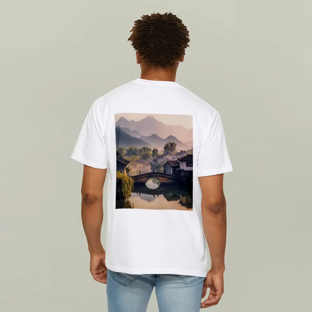 Chinese Village Stone Bridge Misty Mountains – T-Shirts