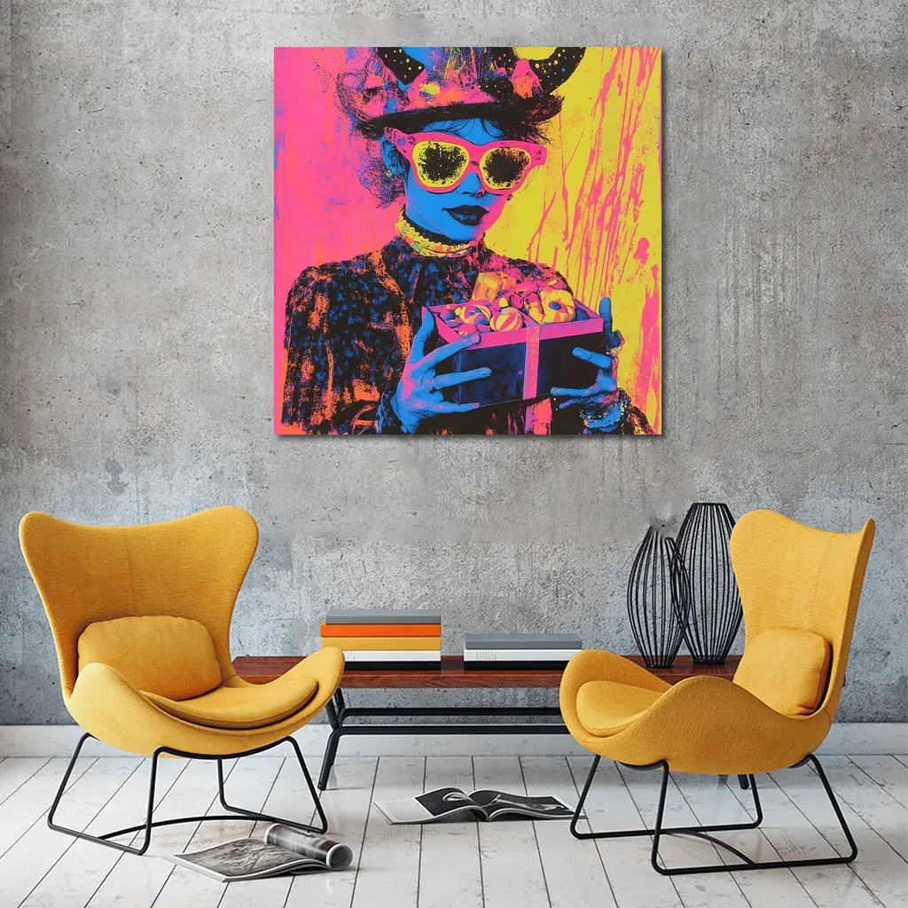 Pop Art Woman Neon Hat Sunglasses Yellow – Wall Art