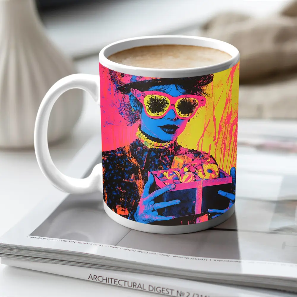Pop Art Woman Neon Hat Sunglasses Yellow – Mugs
