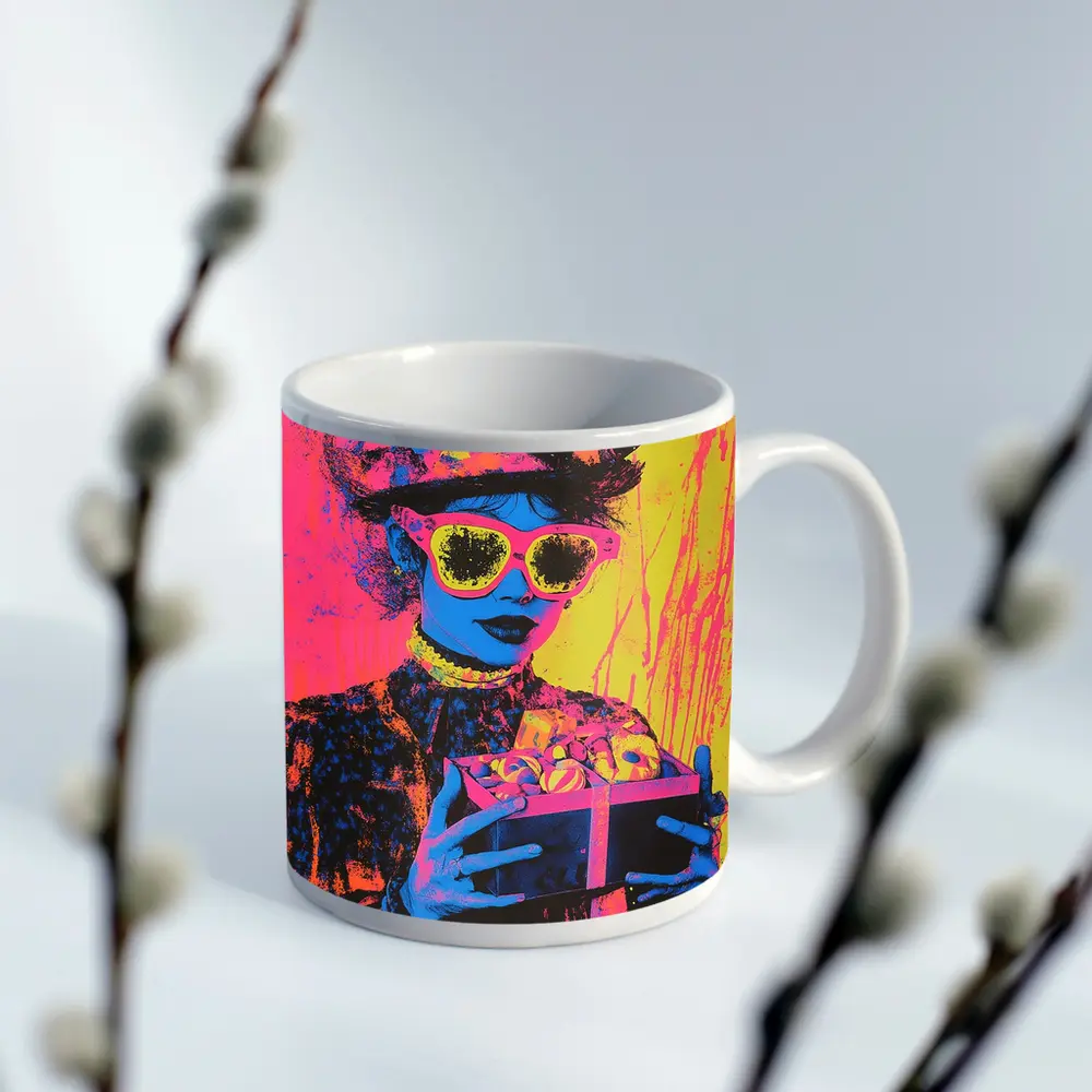 Pop Art Woman Neon Hat Sunglasses Yellow – Mugs
