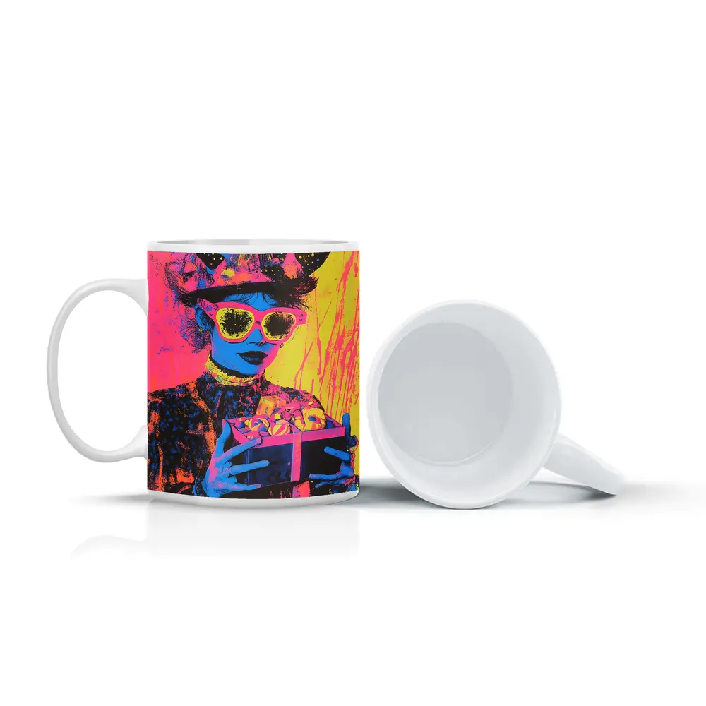 Pop Art Woman Neon Hat Sunglasses Yellow – Mugs
