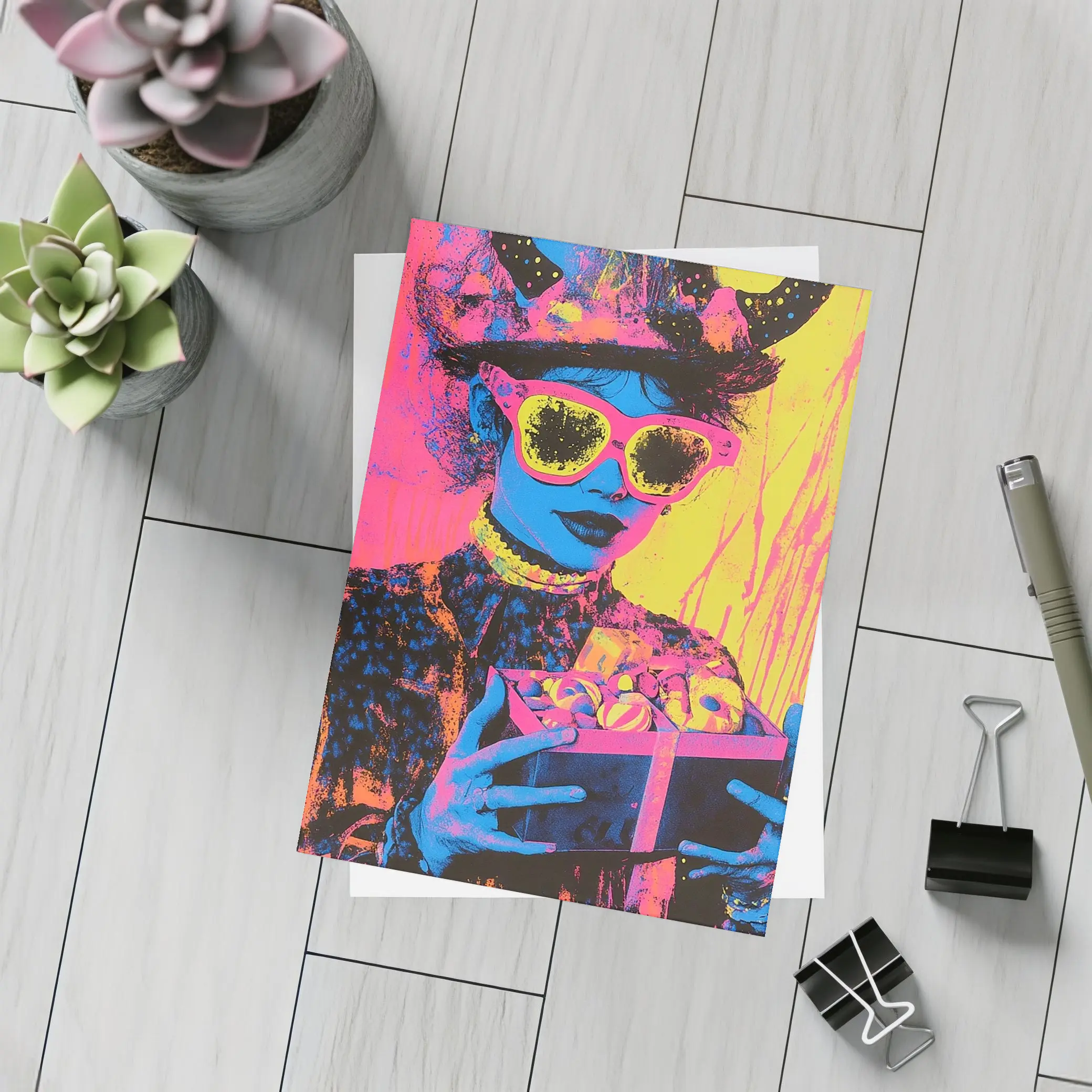 Pop Art Woman Neon Hat Sunglasses Yellow – Postcards