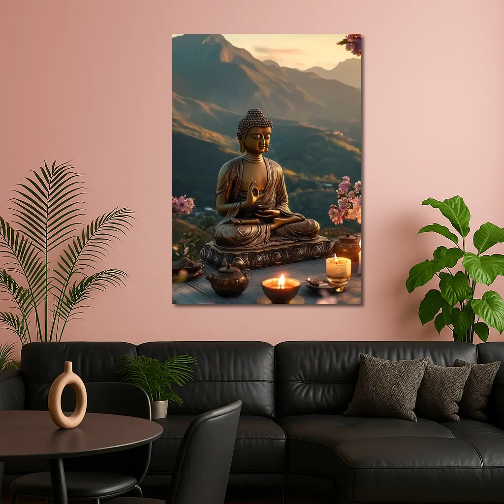 Golden Buddha Statue Mountain Sunset Candles – Wall Art