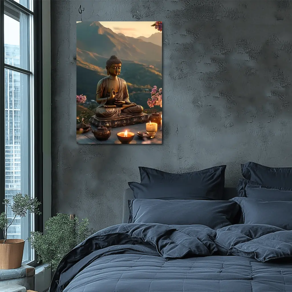Golden Buddha Statue Mountain Sunset Candles – Wall Art