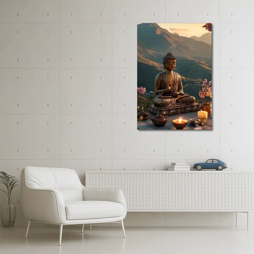 Golden Buddha Statue Mountain Sunset Candles – Wall Art