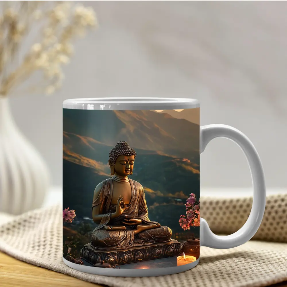 Golden Buddha Statue Mountain Sunset Candles – Mugs