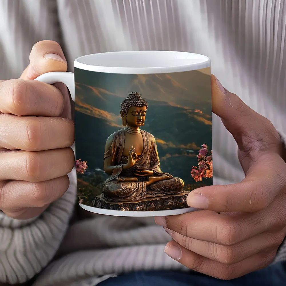 Golden Buddha Statue Mountain Sunset Candles – Mugs