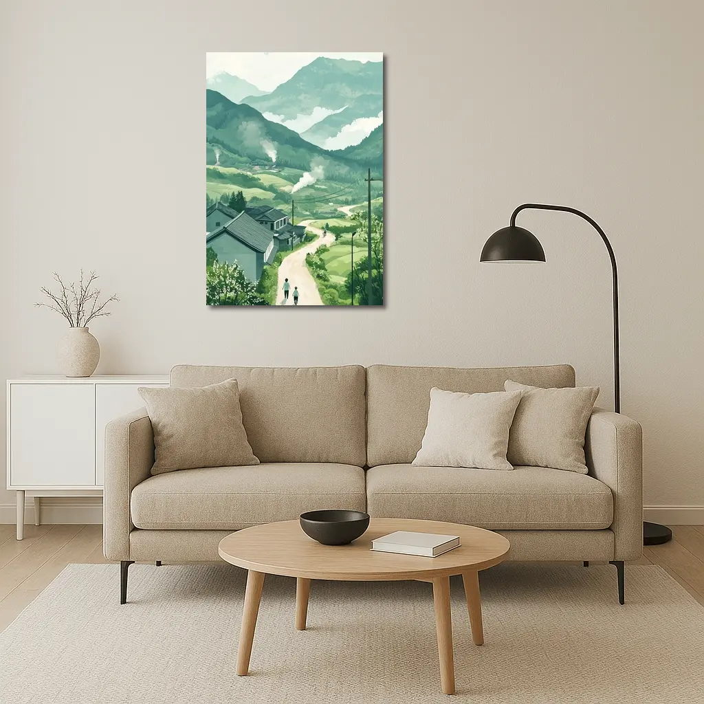 Green Village Road Walking Illustration Art – Wall Art