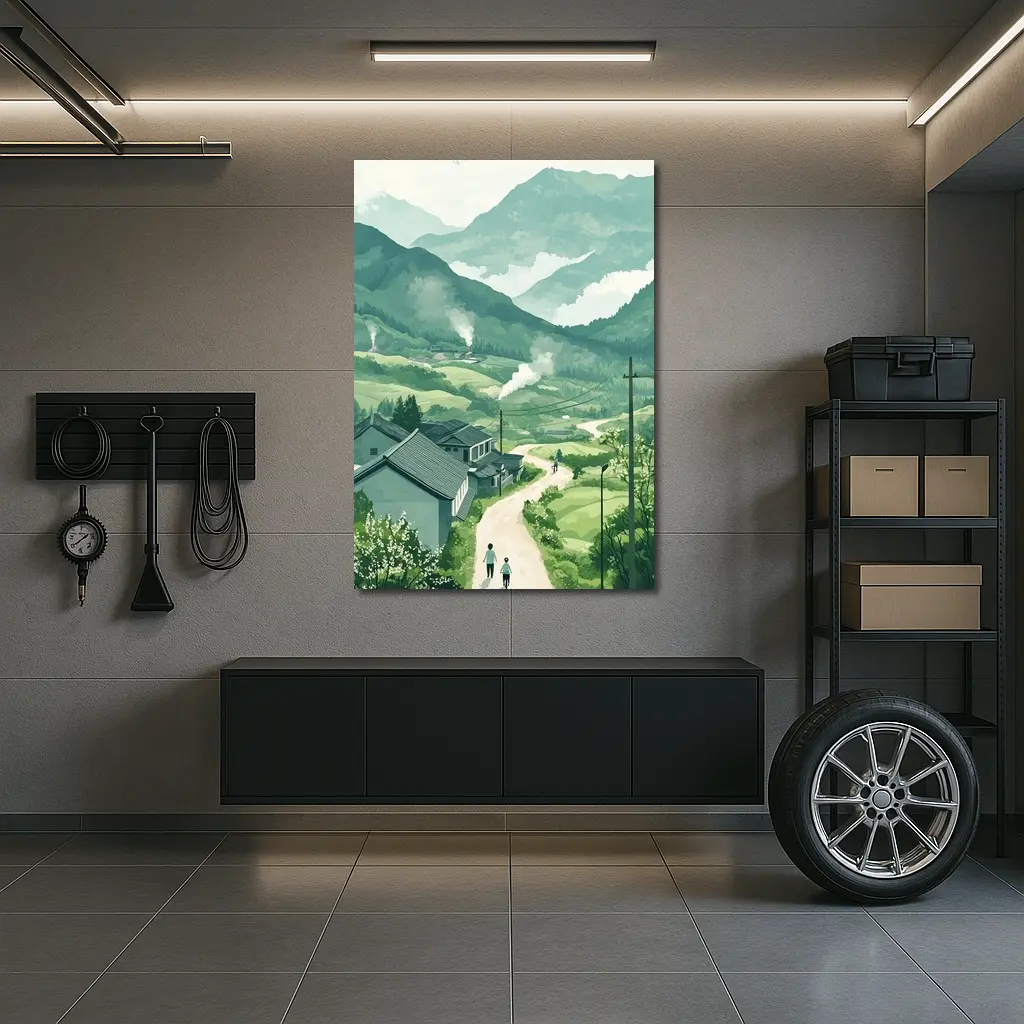 Green Village Road Walking Illustration Art – Wall Art