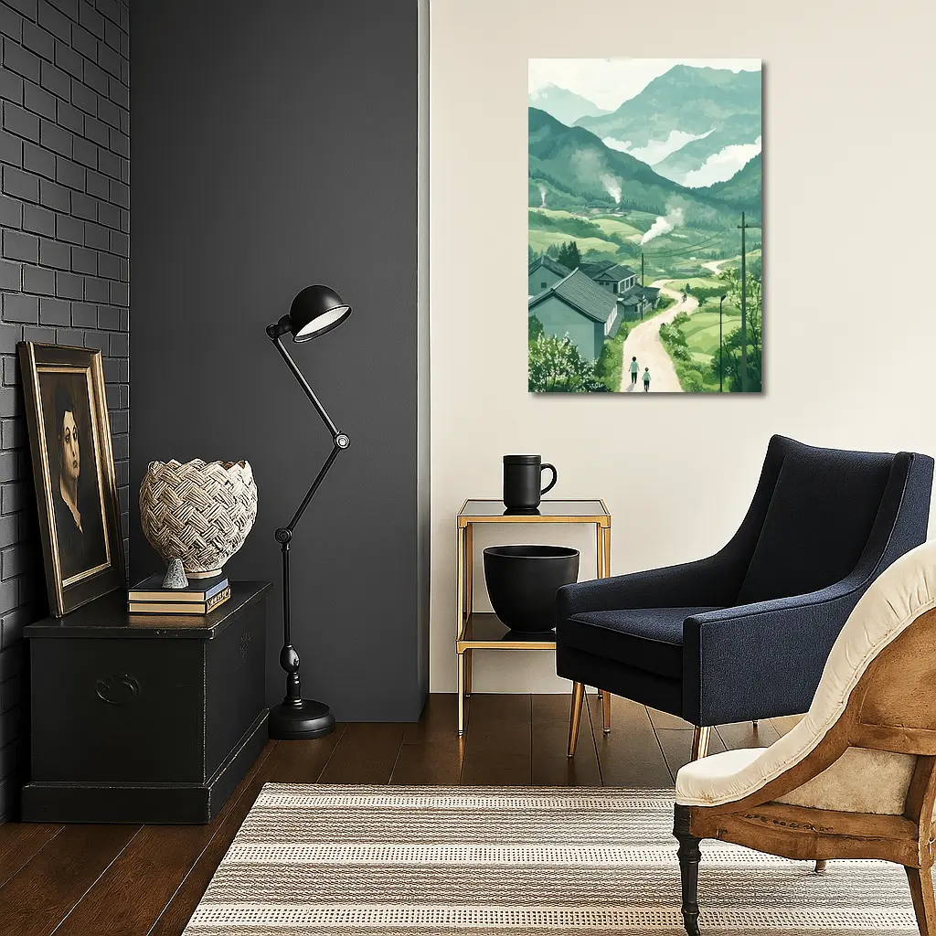 Green Village Road Walking Illustration Art – Wall Art