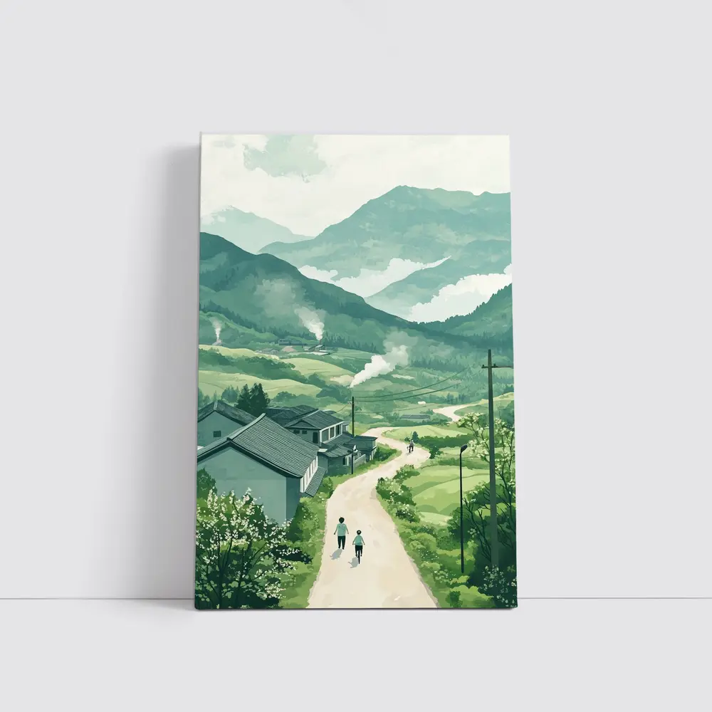 Green Village Road Walking Illustration Art – Wall Art