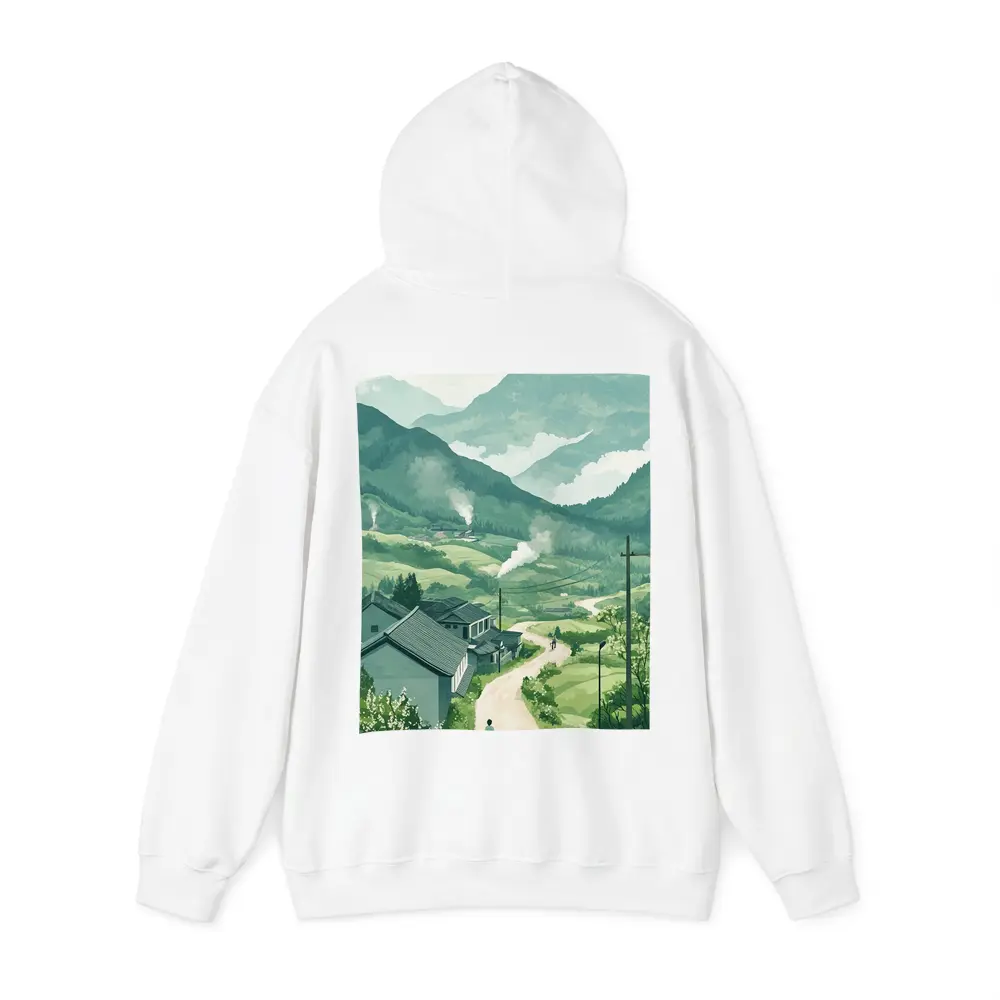 Green Village Road Walking Illustration Art – Hoodies