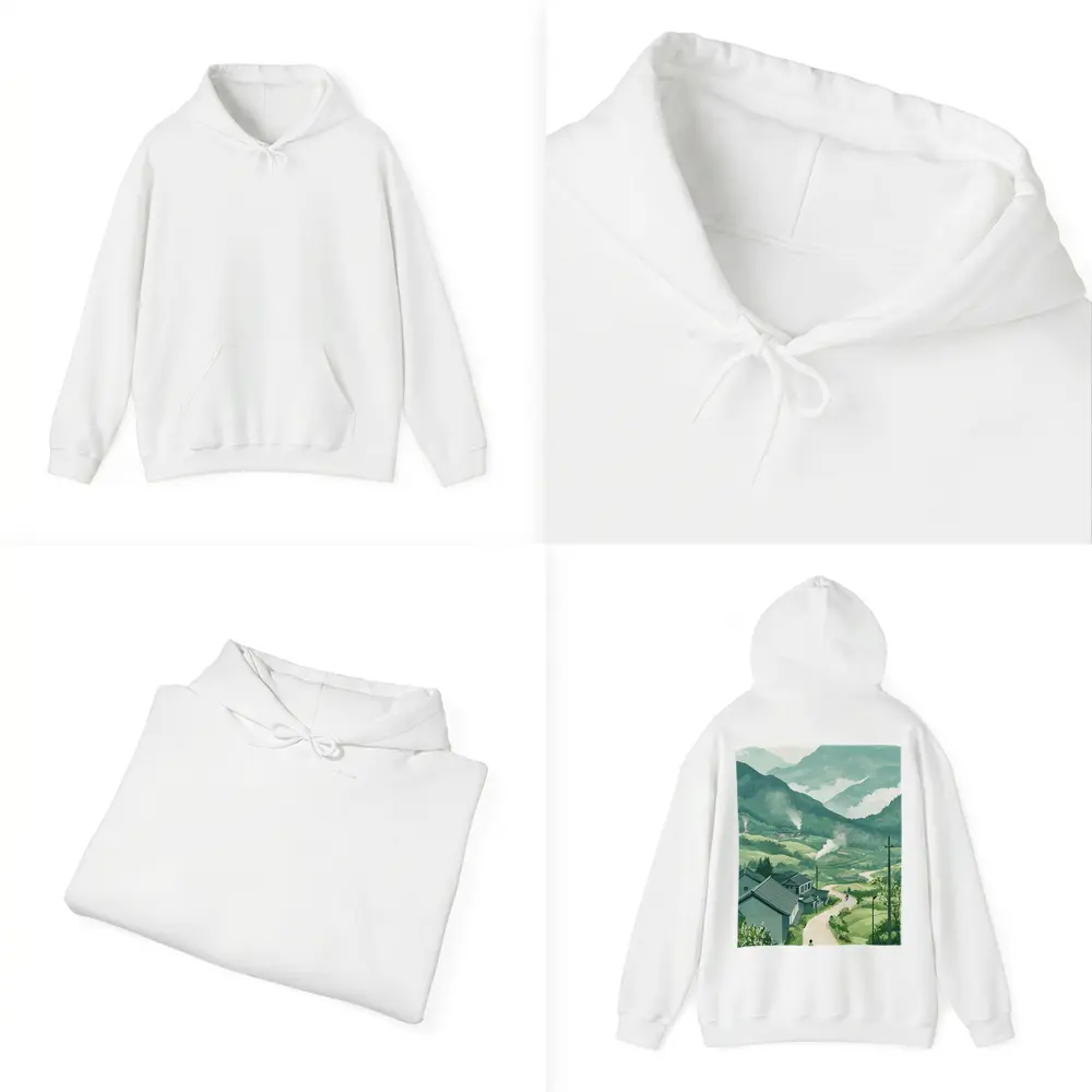 Green Village Road Walking Illustration Art – Hoodies