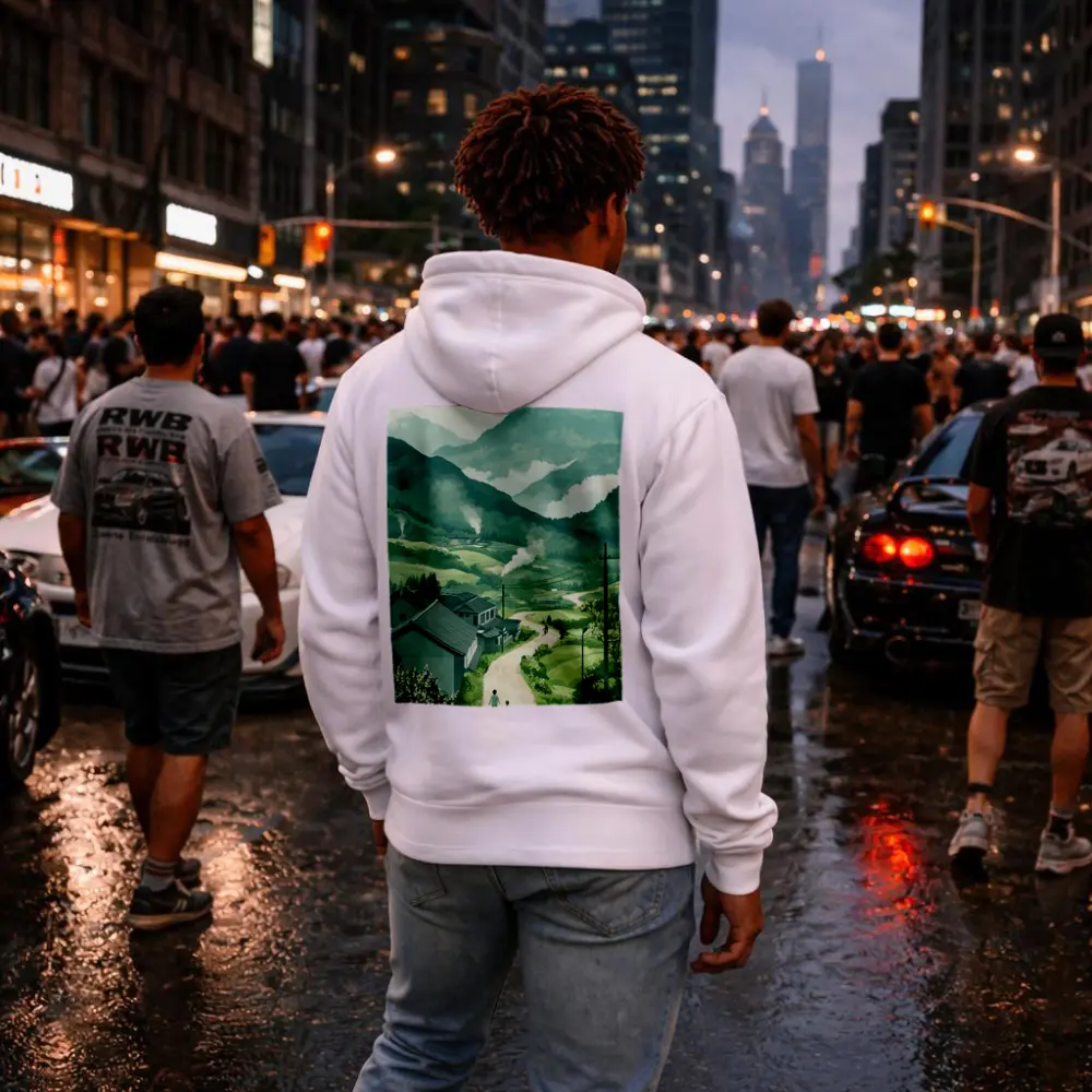 Green Village Road Walking Illustration Art – Hoodies